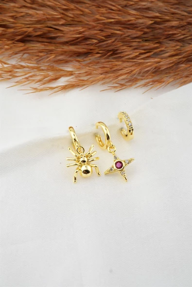 Kadın Zirkon Taşlı Örümcek Figürlü 3'lü Küpe Seti ürün görseli