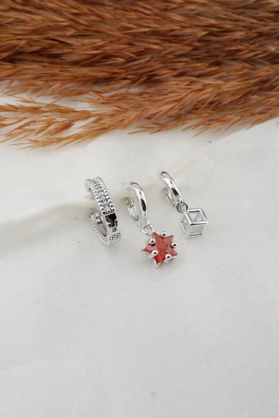 Kadın Zirkon Taşlı Yıldız ve Küp Model 3'lü Küpe Seti ürün görseli