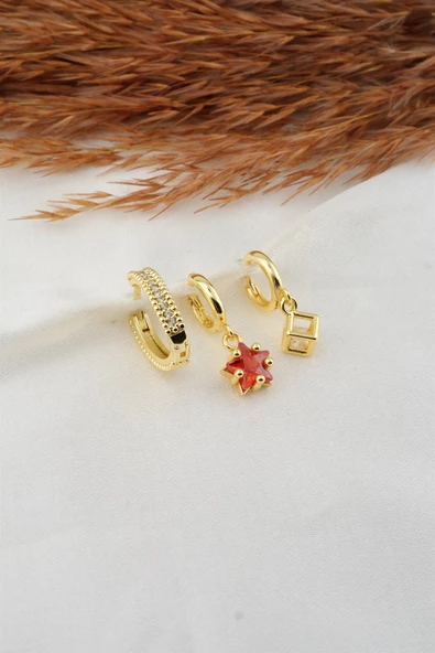 Kadın Zirkon Taşlı Yıldız ve Küp Model 3'lü Küpe Seti ürün görseli