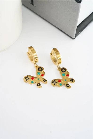 Kadın 316L Çelik Kararmaz Mineli Kelebek Figürlü Küpe Seti ürün görseli