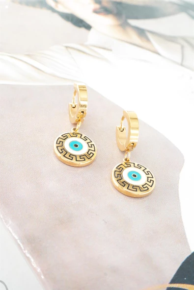 Kadın 316L Çelik Kararmaz Mineli Nazar Figürlü Küpe Seti ürün görseli