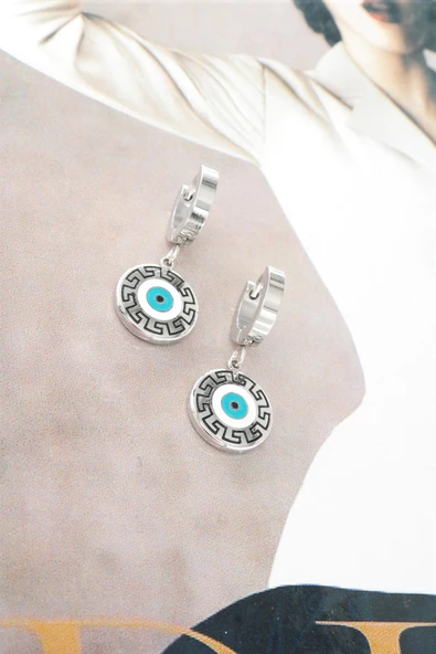 Kadın 316L Çelik Kararmaz Mineli Nazar Figürlü Küpe Seti ürün görseli