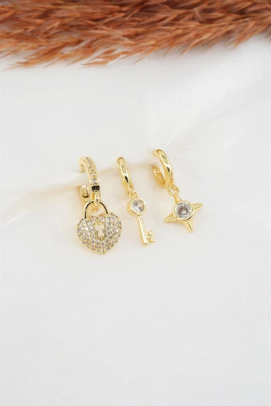 Kadın Zirkon Taşlı Kalp ve Kilit Figürlü 3'lü Küpe Seti ürün görseli