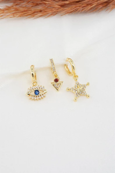 Kadın Zirkon Taşlı Yıldız ve Göz Figürlü ve Amatis Taşlı 3'lü Küpe Seti ürün görseli