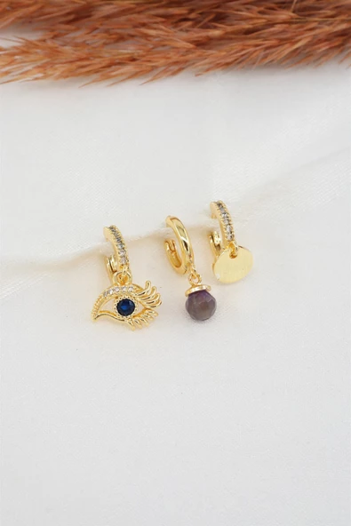 Kadın Zirkon Taşlı Göz Figürlü ve Ametist Taşlı 3'lü Küpe Seti ürün görseli