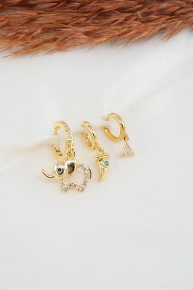 Kadın Zirkon Taşlı Fil Figürlü 3'lü Küpe Seti ürün görseli