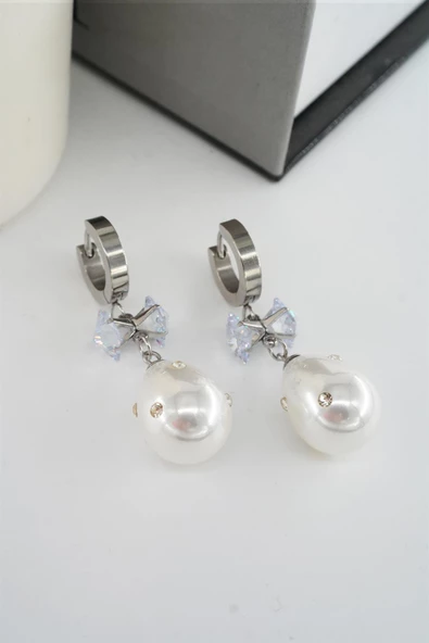 Kadın 316L Çelik Kararmaz Baget Zirkon Taşlı İncili Küpe Seti ürün görseli