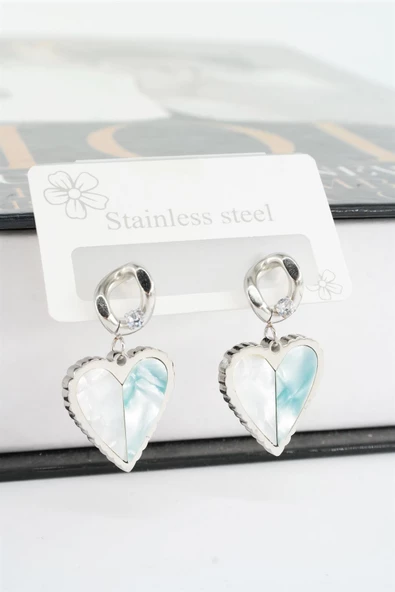 Kadın 316L Çelik Kararmaz Zirkon Taşlı Sedefli Kalp Figürlü Küpe Seti