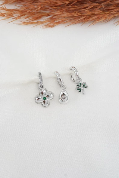 Kadın Zirkon Taşlı Yonca Figürlü 3'lü Küpe Seti ürün görseli