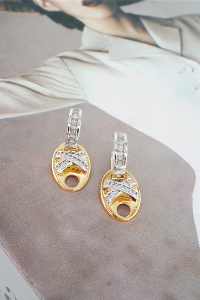 Kadın Vip Seri Zirkon Baget Taşlı Çift Renk'li  Elips Model  Küpe ürün görseli