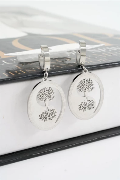 Kadın 316 L Paslanmaz Çelik Hayat Ağacı ve Gölgesi Küpe - Resim 2