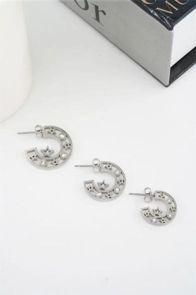 Kadın 316 L Paslanmaz Çelik Yıldız Detaylı Baget Zirkon Taşlı 3 Boy Küpe Seti - Resim 2