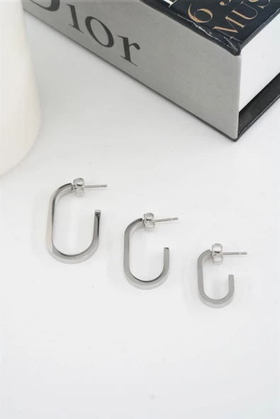 Kadın 316 L Paslanmaz Çelik Elips Model 3 Boy Küpe Seti - Resim 2