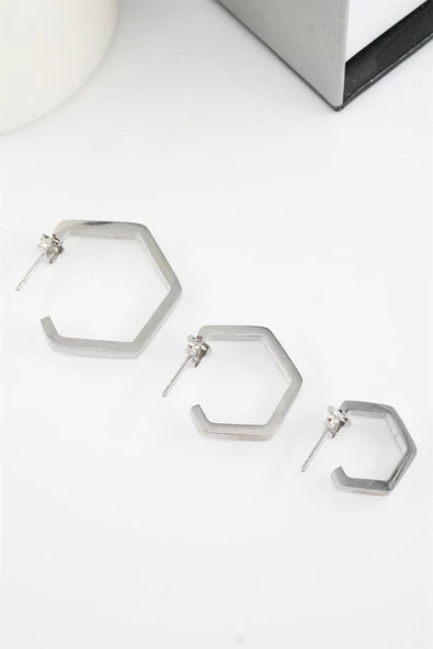 Kadın 316 L Paslanmaz Çelik Geometrik 3 Boy Küpe Seti - Resim 2