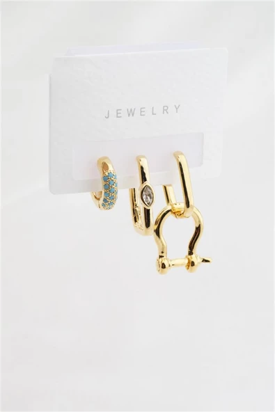 Kadın Altın Kaplama Firuze Zirkon Taşlı 3'lü Küpe Set - Resim 2