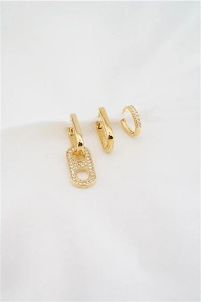 Kadın Altın Kaplama Zirkon Taşlı 3'lü Küpe Set - Resim 2