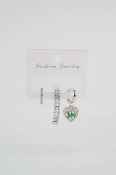 Kadın Vip Seri Zirkon Taşlı Kalp Figürlü ve Su Yolu Model 3'lü Set Küpe - Resim 2