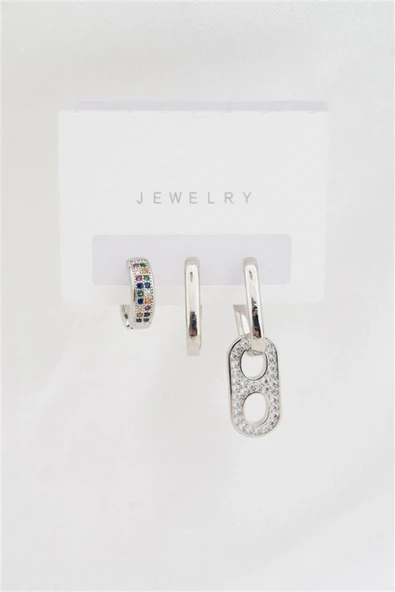 Kadın Altın Kaplama Renkli Zirkon Taşlı 3'lü Küpe Set - Resim 2