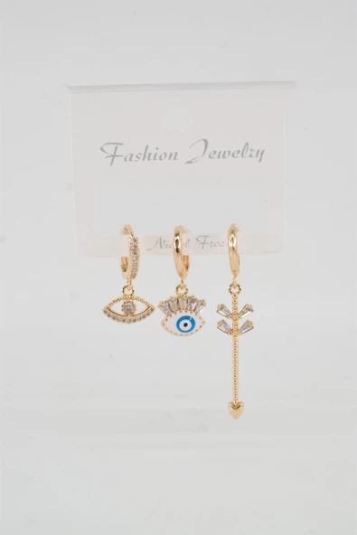 Kadın Vip Seri Zirkon Taşlı Göz Figürlü 3'lü Set Küpe - Resim 2