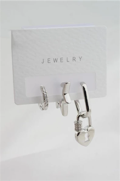 Kadın Altın Kaplama Zirkon Taşlı Yıldız ve Kilit Figürlü 3'lü Küpe Set - Resim 2