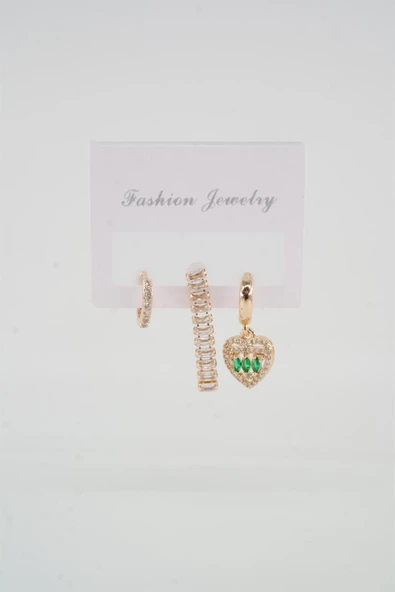 Kadın Vip Seri Zirkon Taşlı Kalp Figürlü ve Su Yolu Model 3'lü Set Küpe - Resim 2