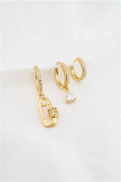 Kadın Altın Kaplama Zirkon Taşlı Çengel İğne Model 3'lü Küpe Set - Resim 2