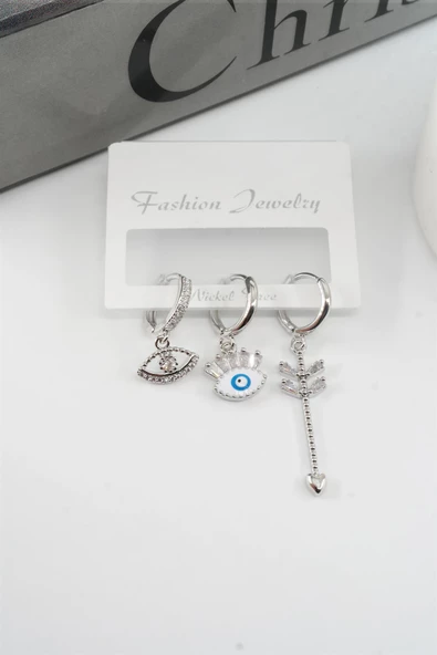 Kadın Vip Seri Zirkon Taşlı Göz Figürlü 3'lü Set Küpe - Resim 2