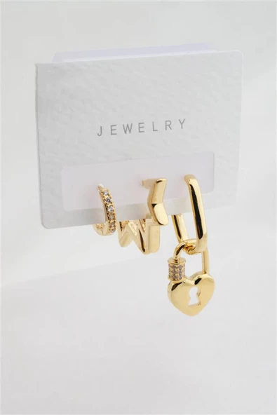 Kadın Altın Kaplama Zirkon Taşlı Yıldız ve Kilit Figürlü 3'lü Küpe Set - Resim 2