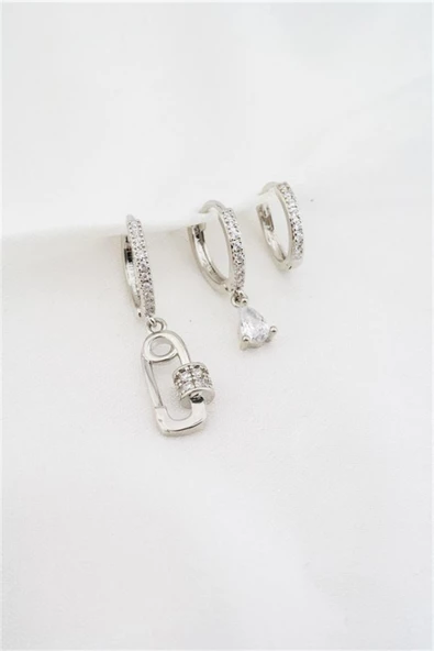 Kadın Altın Kaplama Zirkon Taşlı Çengel İğne Model 3'lü Küpe Set - Resim 2