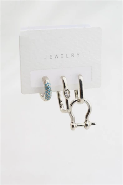 Kadın Altın Kaplama Firuze Zirkon Taşlı 3'lü Küpe Set - 2