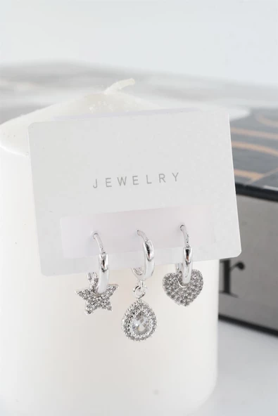 Kadın Vip Seri Kalp ve Yıldız Helix Model 3'lü Küpe Seti ürün görseli
