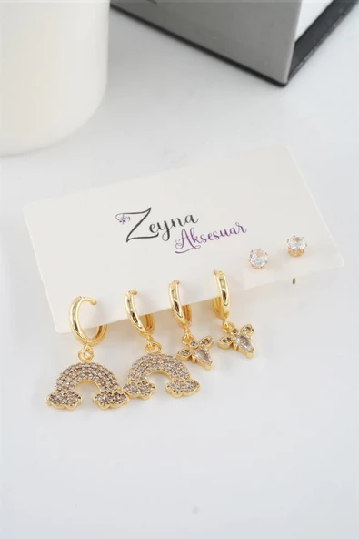 Kadın Vip Seri Baget Zirkon Taşlı  Gökkuşagı Model 6'lı küpe Seti - Resim 3