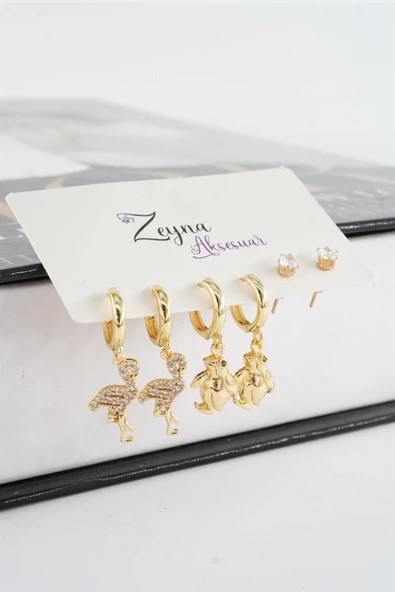 Kadın Vip Seri Zirkon Taşlı Flamingo ve Penguen Figürlü 6'lı küpe Seti - Resim 2