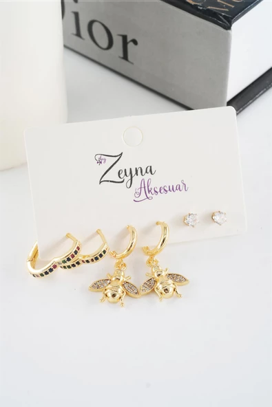 Kadın Vip Seri Mix Zirkon Taşlı Kalp ve Arı Figürlü 6'lı küpe Seti - Resim 3