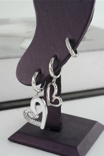 Kadın Vip Seri Zirkon Taşlı Mineli Kalp Model 3'lü Küpe Seti - Resim 2