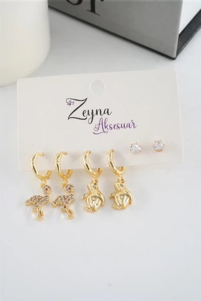 Kadın Vip Seri Zirkon Taşlı Flamingo ve Penguen Figürlü 6'lı küpe Seti - Resim 3