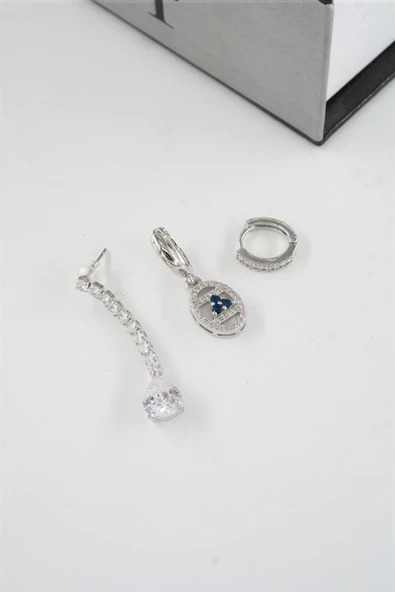 Kadın Vip Seri Baget Zirkon Taşlı Su Yolu Model 3'lü Küpe Seti - Resim 3