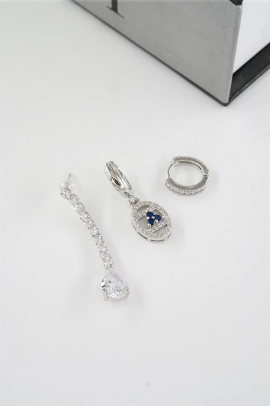 Kadın Vip Seri Baget Zirkon Taşlı Su Yolu Model 3'lü Küpe Seti - Resim 4