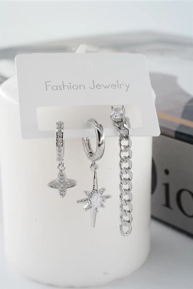 Kadın Vip Seri Zirkon Taşlı Kuzey Yıldız Model 3'lü Küpe Seti ürün görseli