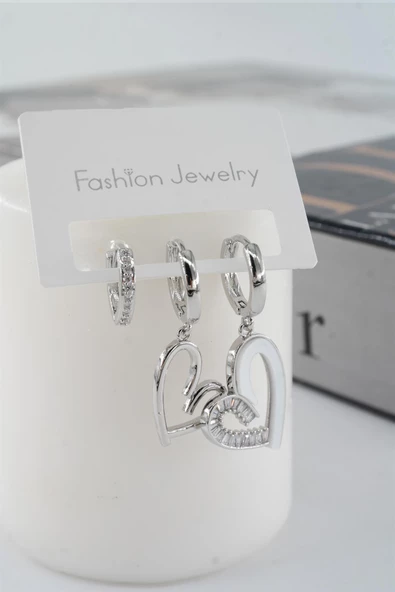 Kadın Vip Seri Zirkon Taşlı Mineli Kalp Model 3'lü Küpe Seti - Resim 3