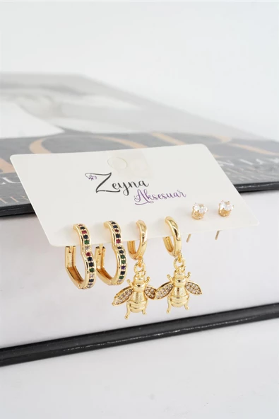 Kadın Vip Seri Mix Zirkon Taşlı Kalp ve Arı Figürlü 6'lı küpe Seti - Resim 2