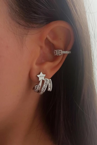 Kadın Vip Seri Baget Zirkon Taşlı Yıldız Model 2'li Küpe Seti ürün görseli