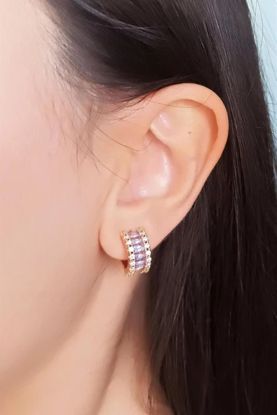 Kadın Vip Seri Baget Zirkon Taşlı Sedefli Minimal Model Çivili 2'li Set Küpe ürün görseli