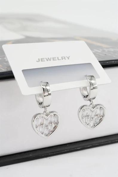 Kadın Vip Seri Baget Zirkon Taşlı Sallantılı Kalp Model Klipsli 2'li Set Küpe - Resim 4