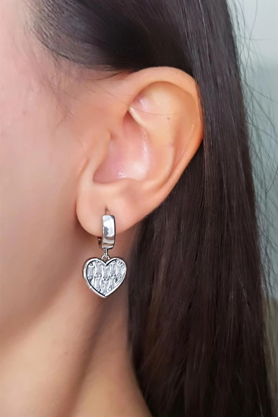 Kadın Vip Seri Baget Zirkon Taşlı Sallantılı Kalp Model Klipsli 2'li Set Küpe - Resim 2