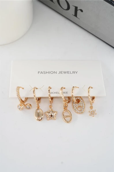 Kadın Vip Seri Mix Zirkon Taşlı 6'lı Küpe Seti - Resim 2