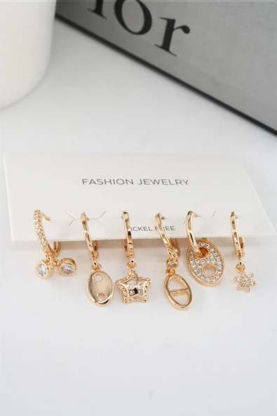 Kadın Vip Seri Mix Zirkon Taşlı 6'lı Küpe Seti - Resim 4