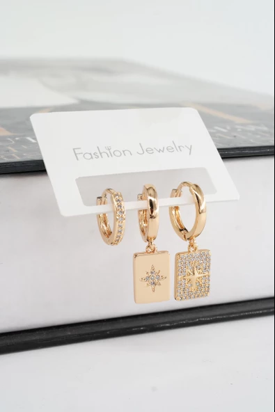 Kadın Vip Seri Zirkon Taşlı 3'lü Küpe - Resim 3