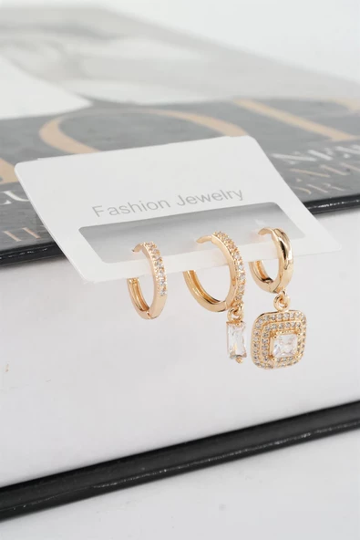 Kadın Vip Seri Zirkon Taşlı 3'lü Küpe - Resim 2