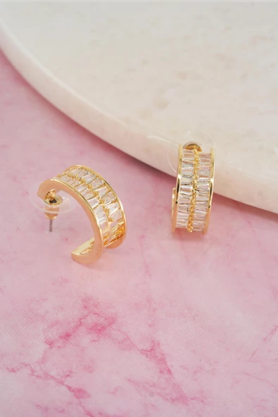 Kadın Vip Seri Baget Zirkon Taşlı  925 Ayar Gümüş Klipsli Küpe Seti - Resim 3